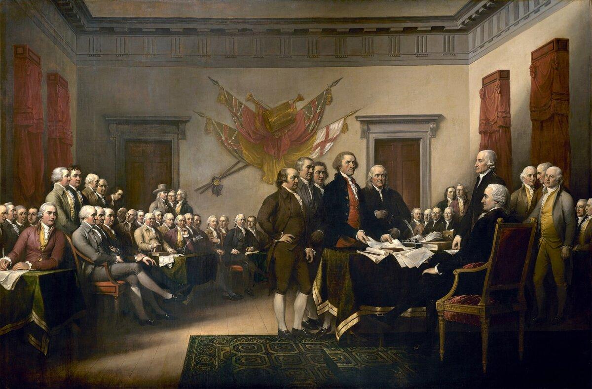 "Declaration of Independence," 1819, John Trumbull. It depicts Charles Thomson standing across the table from the Committee of Five. (Public Domain)