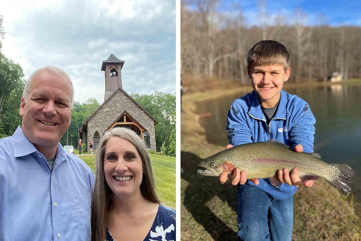 (Left) Mr. and Mrs. Finn stand before the new chapel at Chestnut Mountain; (Right) Max shows off the fish he caught. (Courtesy of <a href="https://cmrwv.org/">Steve Finn</a>)