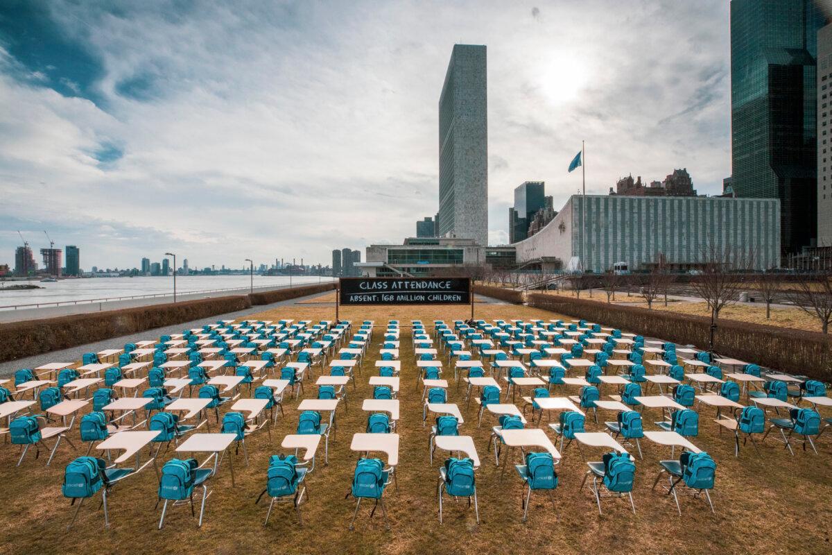 UNICEF unveiled its "Pandemic Classroom," a model made up of 168 empty desks, each seat representing one million children living in countries where schools were almost entirely closed during the COVID pandemic lockdowns, at the U.N. Headquarters in New York City on March 2, 2021. (Chris Farber/UNICEF via Getty Images)