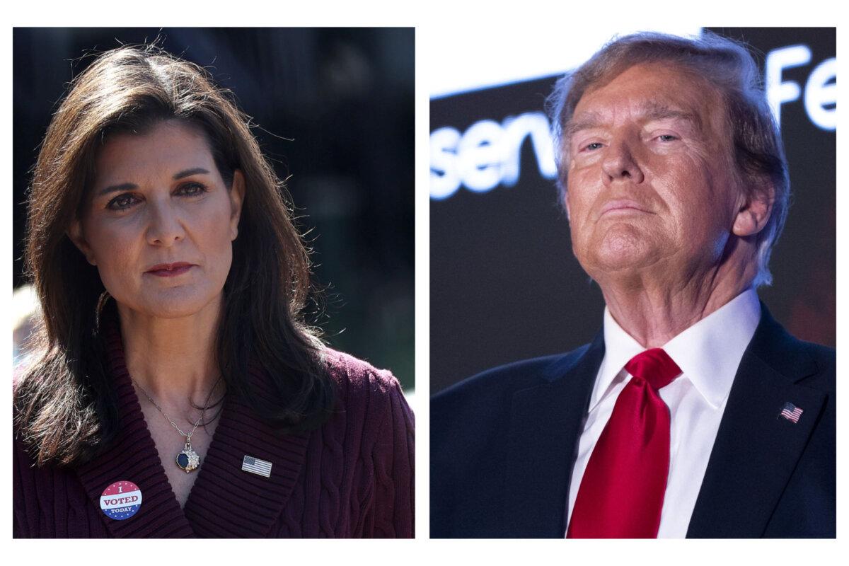 (Left) Republican presidential candidate former U.N. Ambassador Nikki Haley speaks to reporters after voting in the South Carolina Republican primary in Kiawah Island, S.C., on Feb. 24, 2024. (Right) Former U.S. President Donald Trump receives applause during the Black Conservative Federation Gala in Columbia, S.C., on Feb. 23, 2024. (Justin Sullivan/Getty Images; Sean Rayford/Getty Images)
