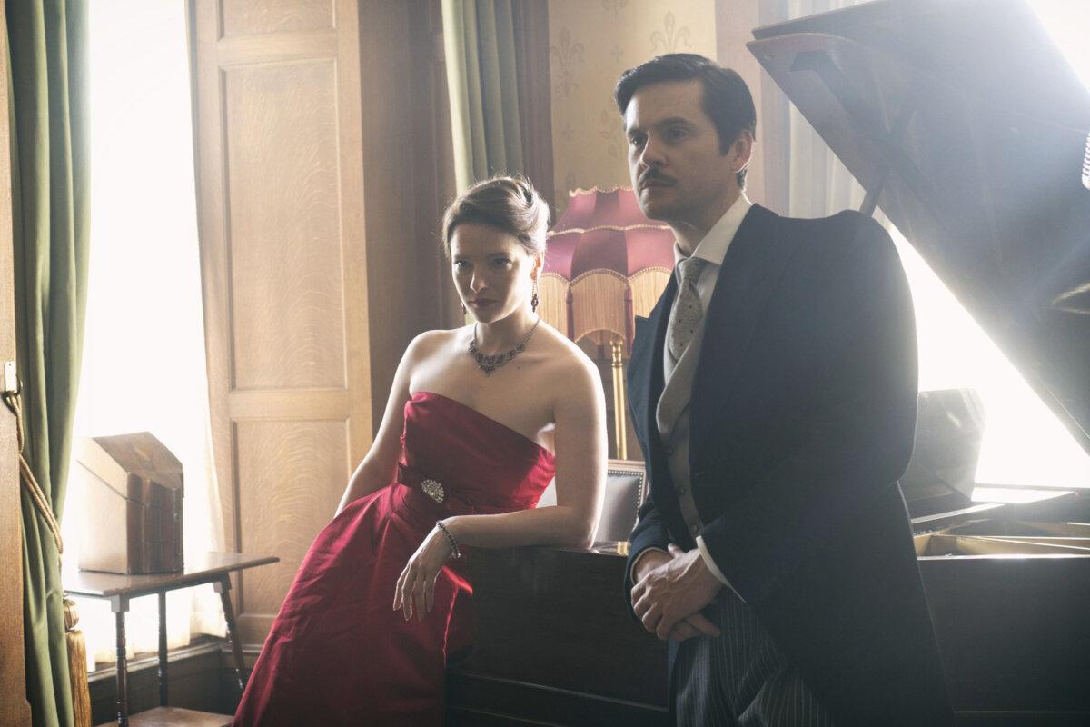 Bridget Conway (Morfydd Clark) and Lord Whitfield (Tom Riley), in "Murder Is Easy." (Britbox)
