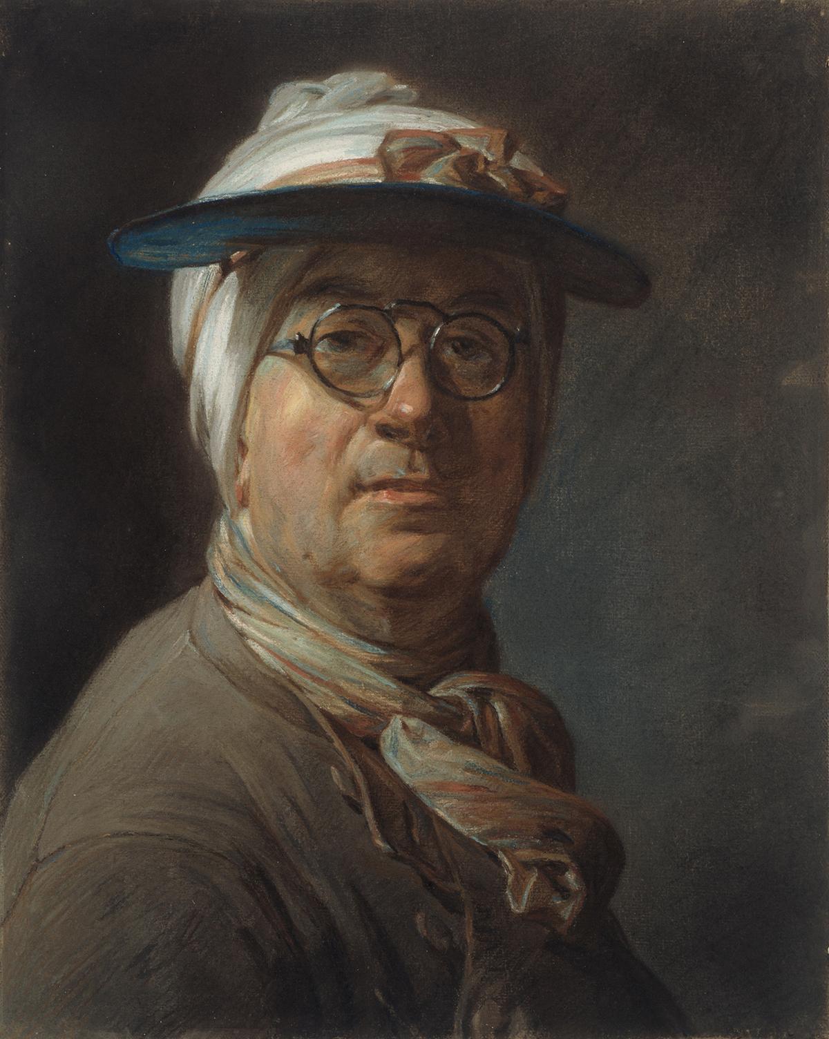 Self-Portrait With a Visor," 1776, by Jean-Baptiste-Siméon Chardin. Pastel on blue laid paper, mounted on canvas; 18 inches by 14 3/4 inches. Art Institute of Chicago. (Public Domain)