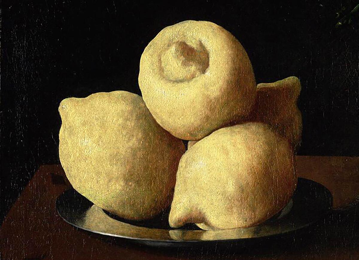 A detail of the citrons (formerly thought to be lemons) in “Still Life With Lemons, Oranges and a Rose,” 1633, by Francisco de Zurbarán. (Public Domain)