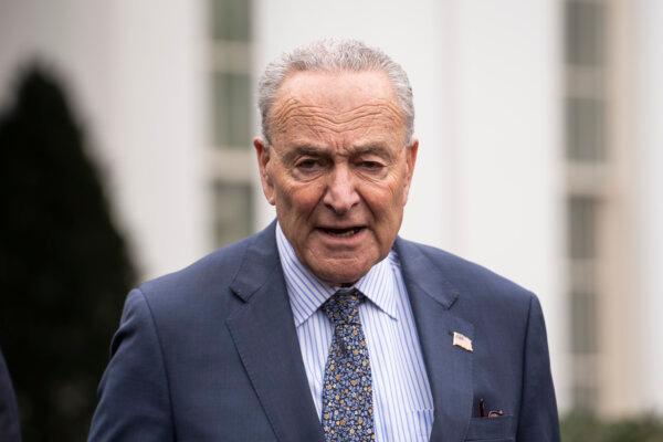 Senate Majority Leader Sen. Chuck Schumer (D-N.Y.) speaks to the press after meeting with President Joe Biden and other congressional leaders at the White House in Washington on Feb. 27, 2024. (Madalina Vasiliu/The Epoch Times)