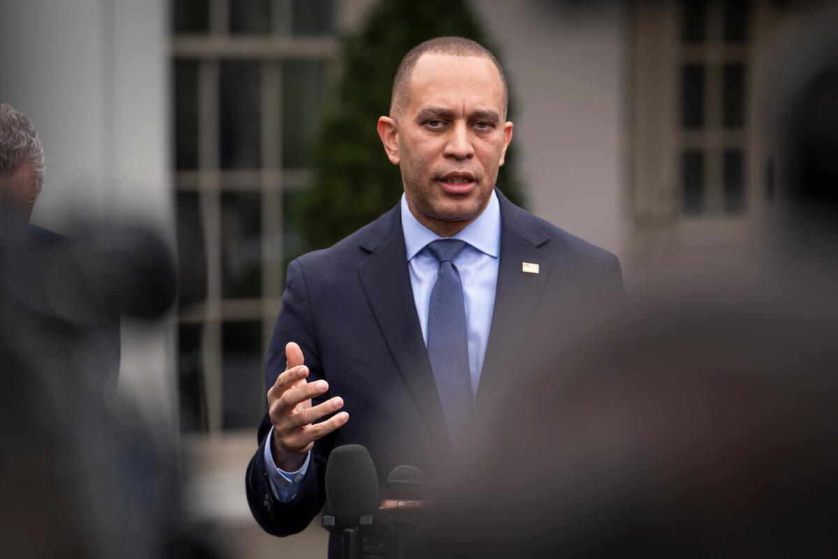 House Minority Leader Rep. Hakeem Jeffries (D-N.Y.) speaks to the press after meeting with President Joe Biden and other congressional leaders at the White House in Washington on Feb. 27, 2024. (Madalina Vasiliu/The Epoch Times)