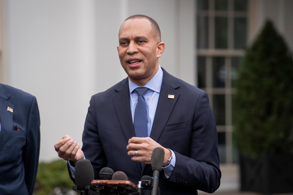 House Minority Leader Rep. Hakeem Jeffries (D-N.Y.) speaks to the press after meeting with President Joe Biden and other congressional leaders at the White House in Washington on Feb. 27, 2024. (Madalina Vasiliu/The Epoch Times)