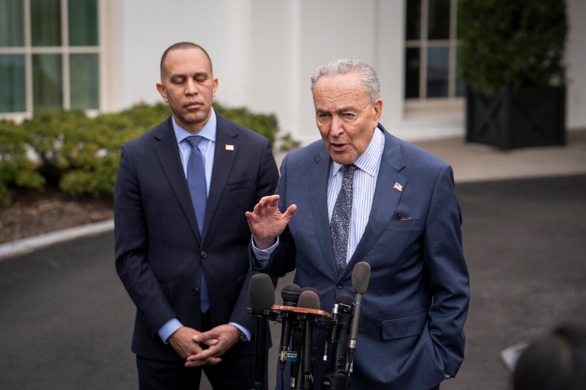 Senate Majority Leader Sen. Chuck Schumer (D-N.Y.) and House Minority Leader Rep. Hakeem Jeffries (D-N.Y.) speak to the press after meeting with President Joe Biden and House Speaker at the White House in Washington on Feb. 27, 2024. (Madalina Vasiliu/The Epoch Times)