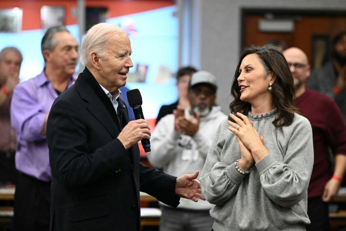 President Joe Biden speaks alongside Michigan Gov. Gretchen Whitmer during a visit to a United Auto Workers phone bank in Detroit, Mich., on Feb. 1, 2024. (Mandel Ngan/AFP via Getty Images)
