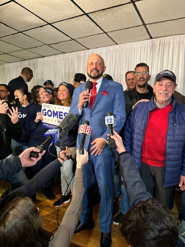 Candidate John Gomes at a watch party in Bridgeport, Conn., on Feb. 27, 2024, where he learned Joe Ganim was reelected. (Juliette Fairley/The Epoch Times)