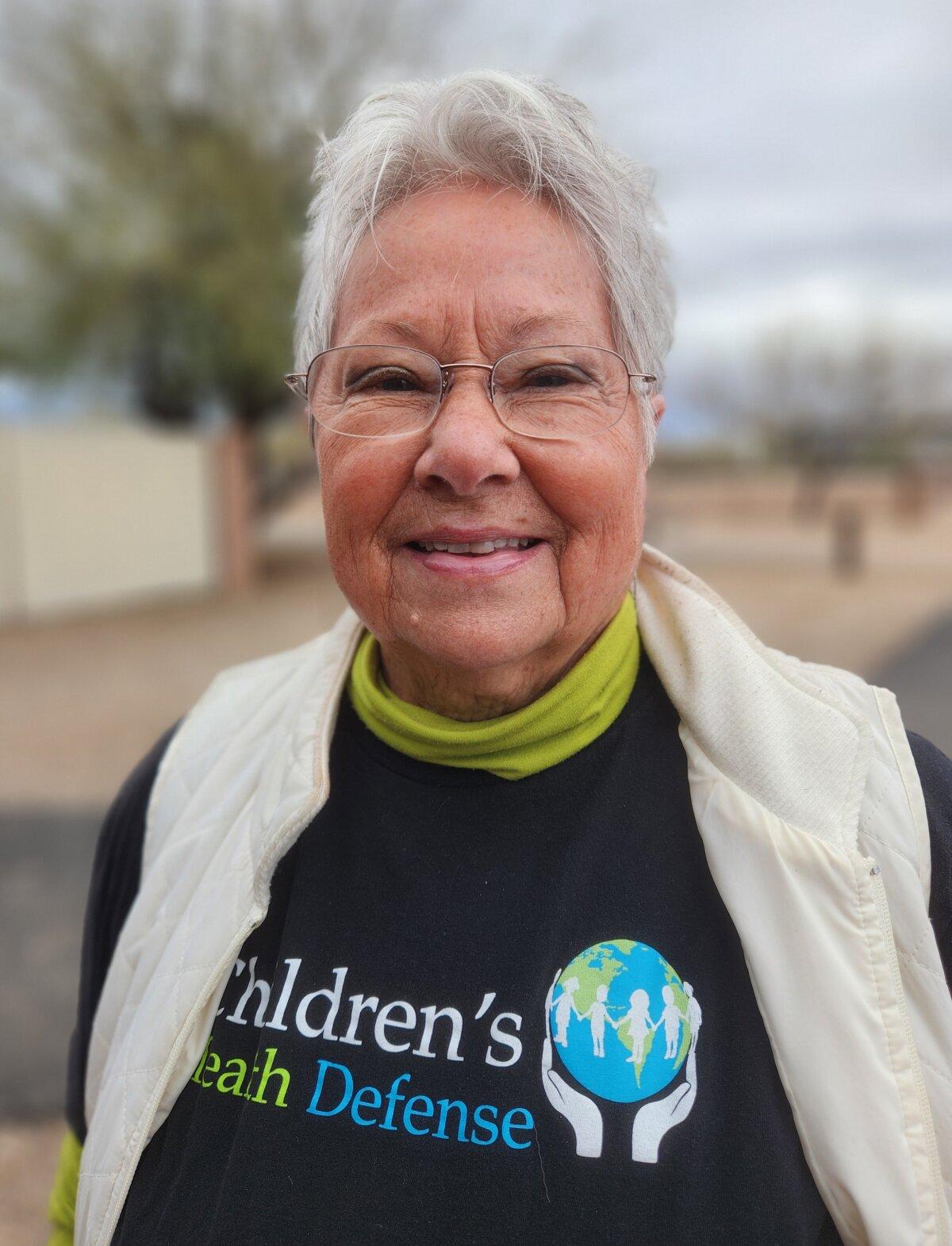 Sharon Lyden of Sun City, Ariz., said she lost her neighbor after taking his second COVID-19 shot in Tucson, Ariz., on Feb. 26, 2024. (Allan Stein/The Epoch Times)