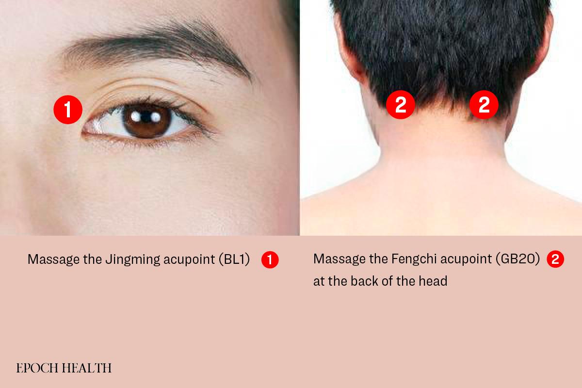 Eye massage technique for improving eye floaters. (The Epoch Times)