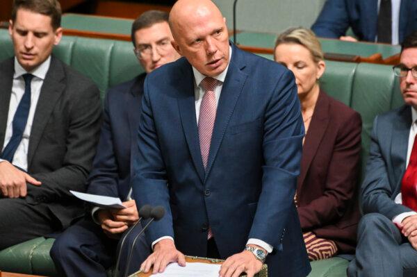 Opposition Leader Peter Dutton makes a statement in the House of Representatives at Parliament House in Canberra, Australia, on Feb. 13, 2023. (Martin Ollman/Getty Images)