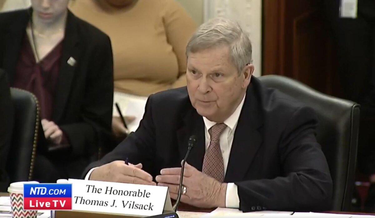 Agriculture Secretary Thomas Vilsack testifies to the Senate Agriculture Committee's Oversight Hearing on Feb. 28, 2024. (United States Senate Committee on Agriculture/Screenshot via NTD)
