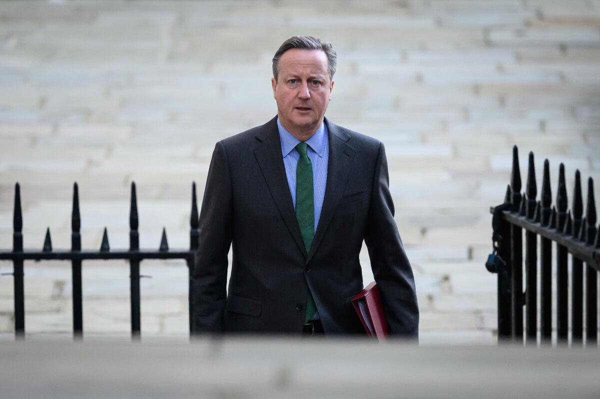 Foreign Secretary Lord Cameron arrives in Downing Street ahead of the weekly Cabinet meeting, in London, on Jan. 16, 2024. (Leon Neal/Getty Images)