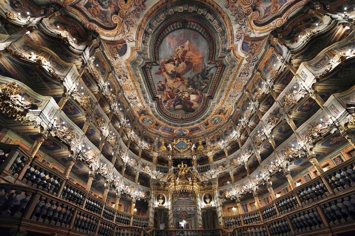 A view of spectator boxes and the painted ceilings at the Margravial Opera House in Bayreuth a day after its official 2018 reopening following six years of restoration and refurbishment. (Christof Stache/AFP via Getty Images)