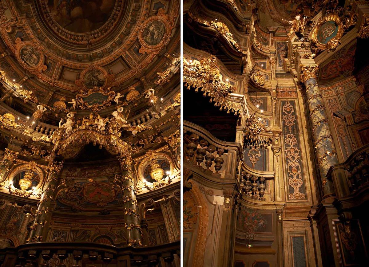 Views of the interior prior to restoration. (<a href="https://commons.wikimedia.org/wiki/File:Markgr%C3%A4fliches_Opernhaus_Bayreuth_-_F%C3%BCrstenloge.jpg">Pierre</a> <a href="https://commons.wikimedia.org/wiki/File:Markgr%C3%A4fliches_Opernhaus_Bayreuth_-_Restaurierter_Teilbereich_(Holz).jpg">Schoberth</a>/<a href="https://creativecommons.org/licenses/by-sa/3.0/deed.en">CC BY-SA 3.0 DEED</a>)