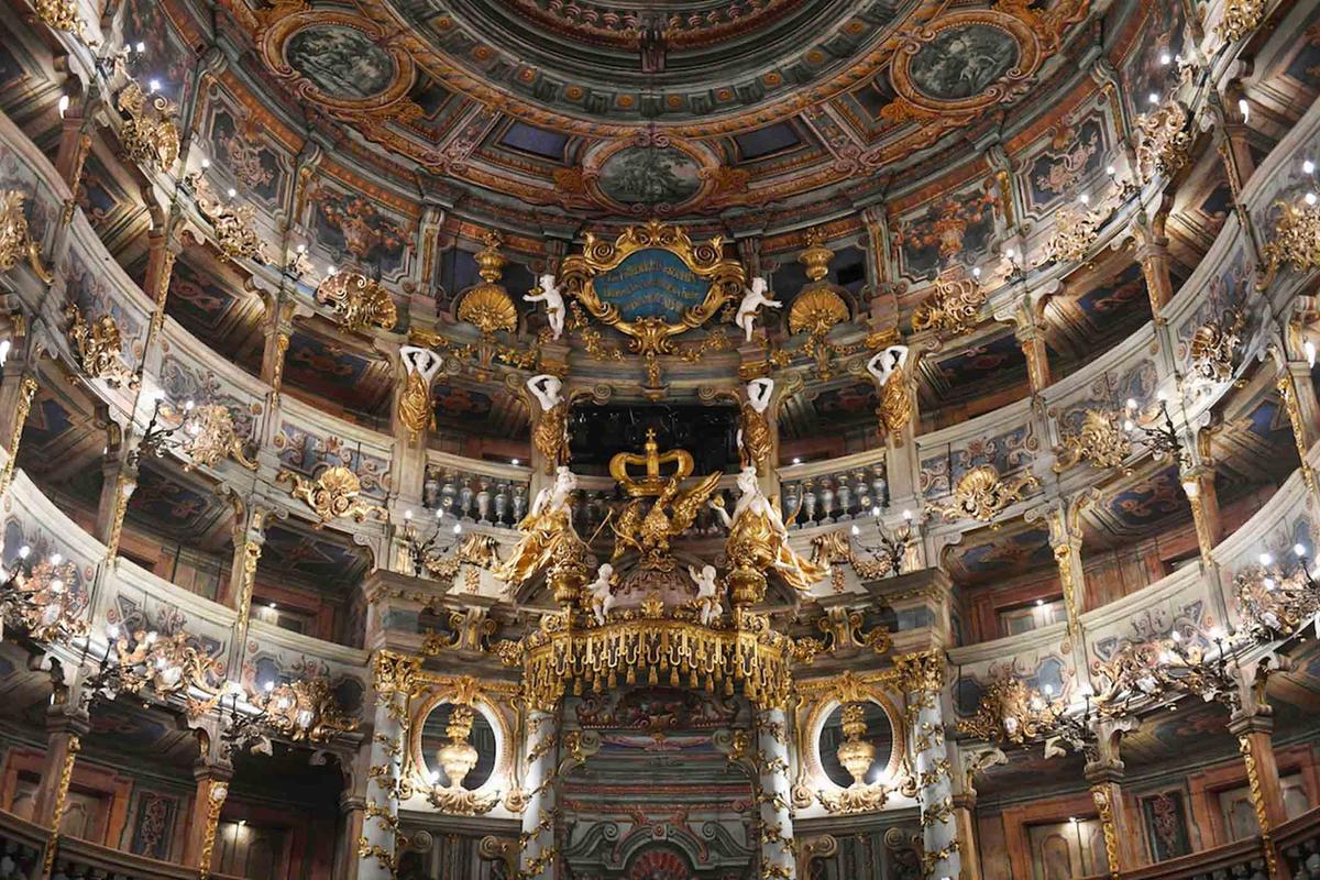 A view of spectator boxes and the painted ceilings at the Margravial Opera House in Bayreuth after its reopening. (Christof Stache/AFP via Getty Images)