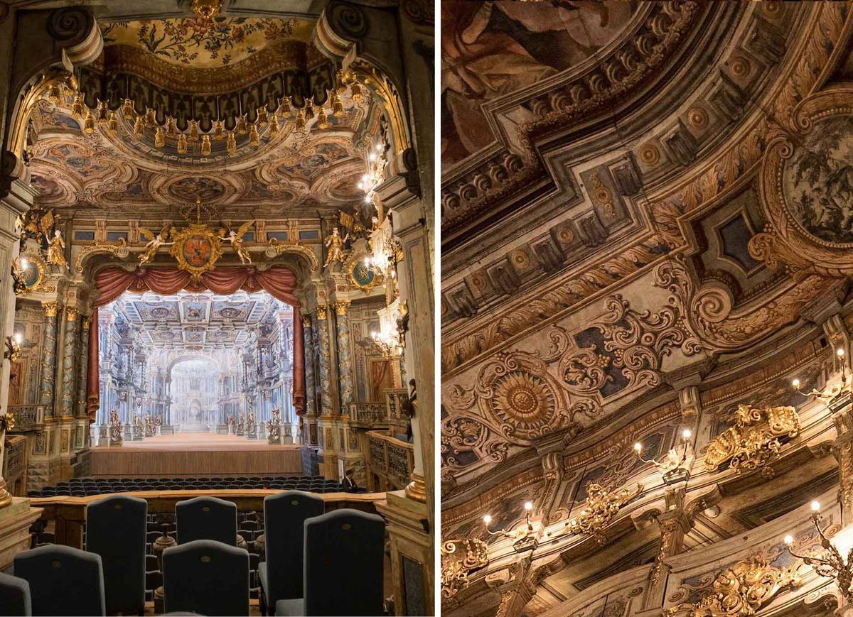 Views of the interior and decorations after restoration work was completed. (Left: Daniel Karmann/dpa/AFP via Getty Images; Right: Nicolas Armer/DPA/AFP via Getty Images)