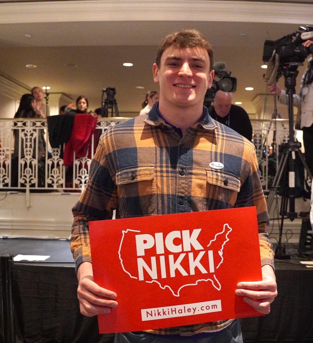 Jack Thompkins, a first-time D.C. voter, at a campaign event of Republican presidential candidate Nikki Haley in Washington on March 1, 2024. (Terri Wu/The Epoch Times)