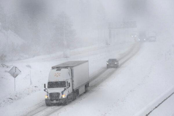 West bound traffic moves slowly on the I-80 at the Donner Pass Exit in Truckee, Calif., on March 1, 2024. (Andy Barron/AP Photo)