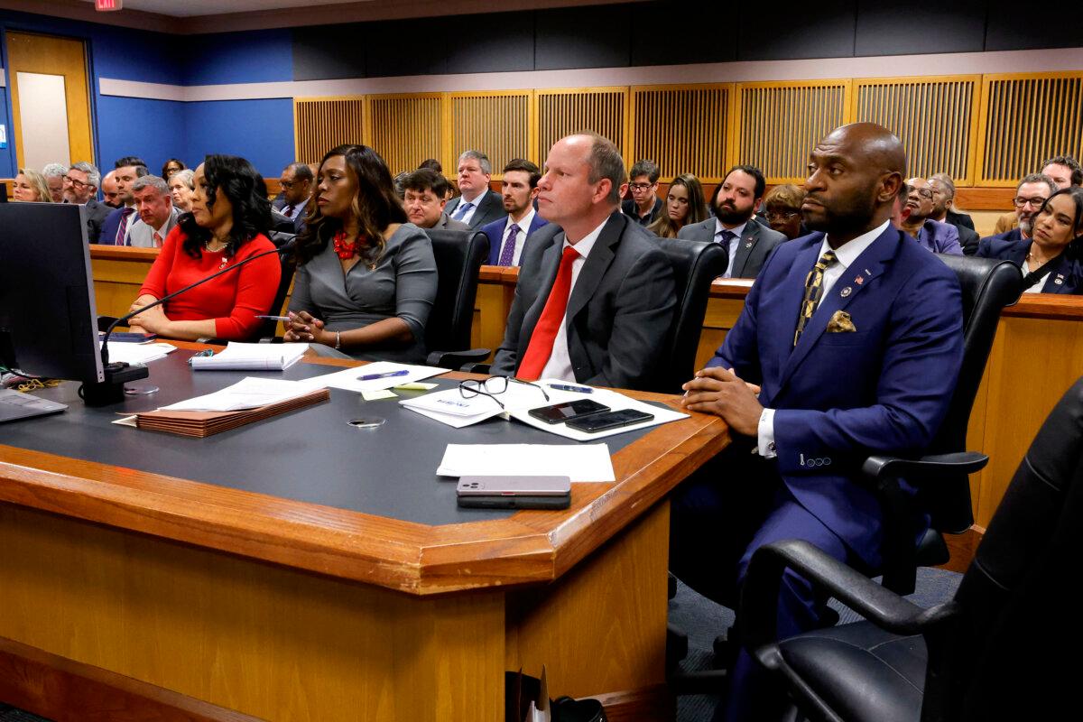 (L–R) Fulton County District Attorney Fani Willis, prosecutor Daysha Young, attorney Andrew Evans, and special prosecutor Nathan Wade listen during a hearing on the Georgia election interference case in Atlanta on March, 1, 2024. (Alex Slitz/Pool/AFP via Getty Images)