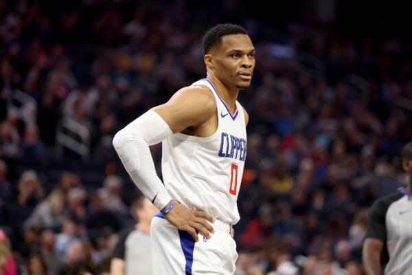 Russell Westbrook (0) of the LA Clippers stands on the court during their game against the Golden State Warriors in San Francisco on Feb. 14, 2024. (Ezra Shaw/Getty Images)