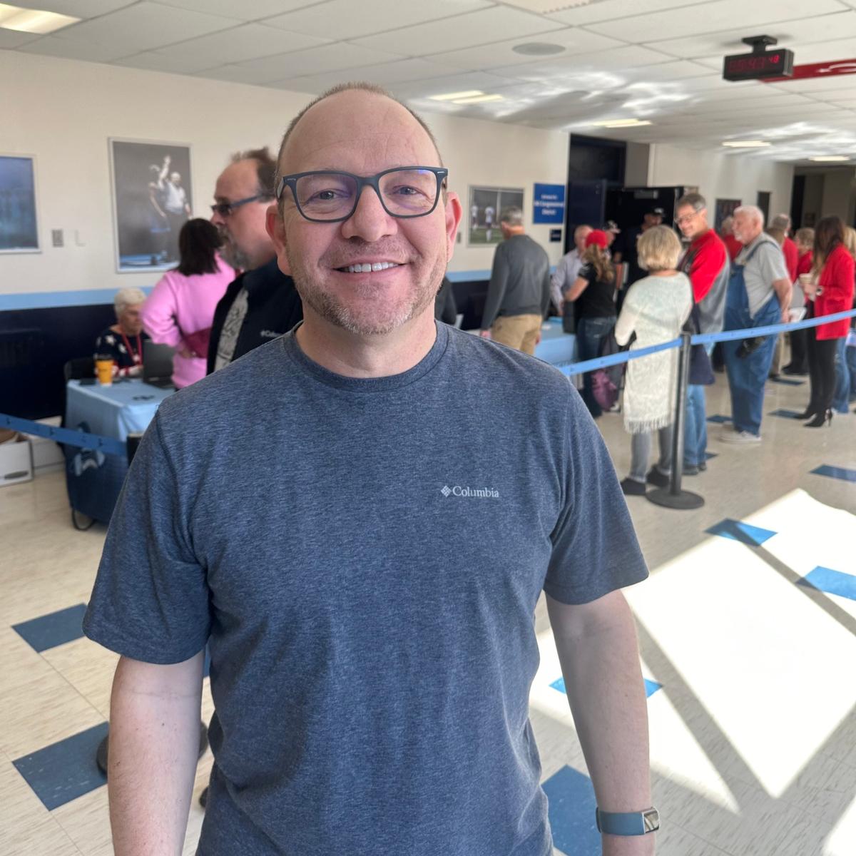 Keith Bennett, of Kansas City, Missouri, said he will caucus for former President Donald Trump at the Clay County, Missouri, Republican Caucus in Kansas City on Saturday, March 2, 2024. (Austin Alonzo/The Epoch Times)