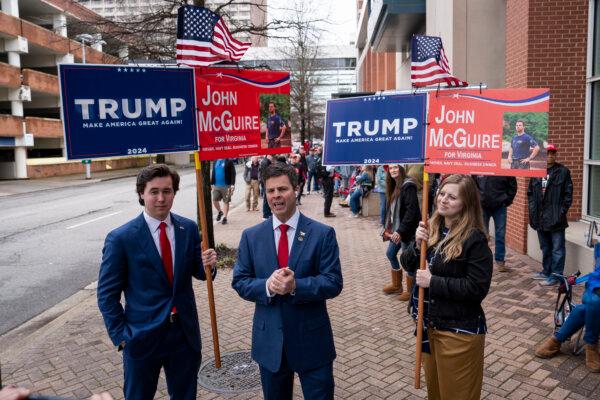 VA state senator John McGuire (R-Henrico) urges Nikki Haley to drop out of the Republican presidential primary outside the Greater Richmond Convention Center in Richmond, Va., on March 2, 2024. A Trump rally is scheduled for later in the day. (Madalina Vasiliu/The Epoch Times)
