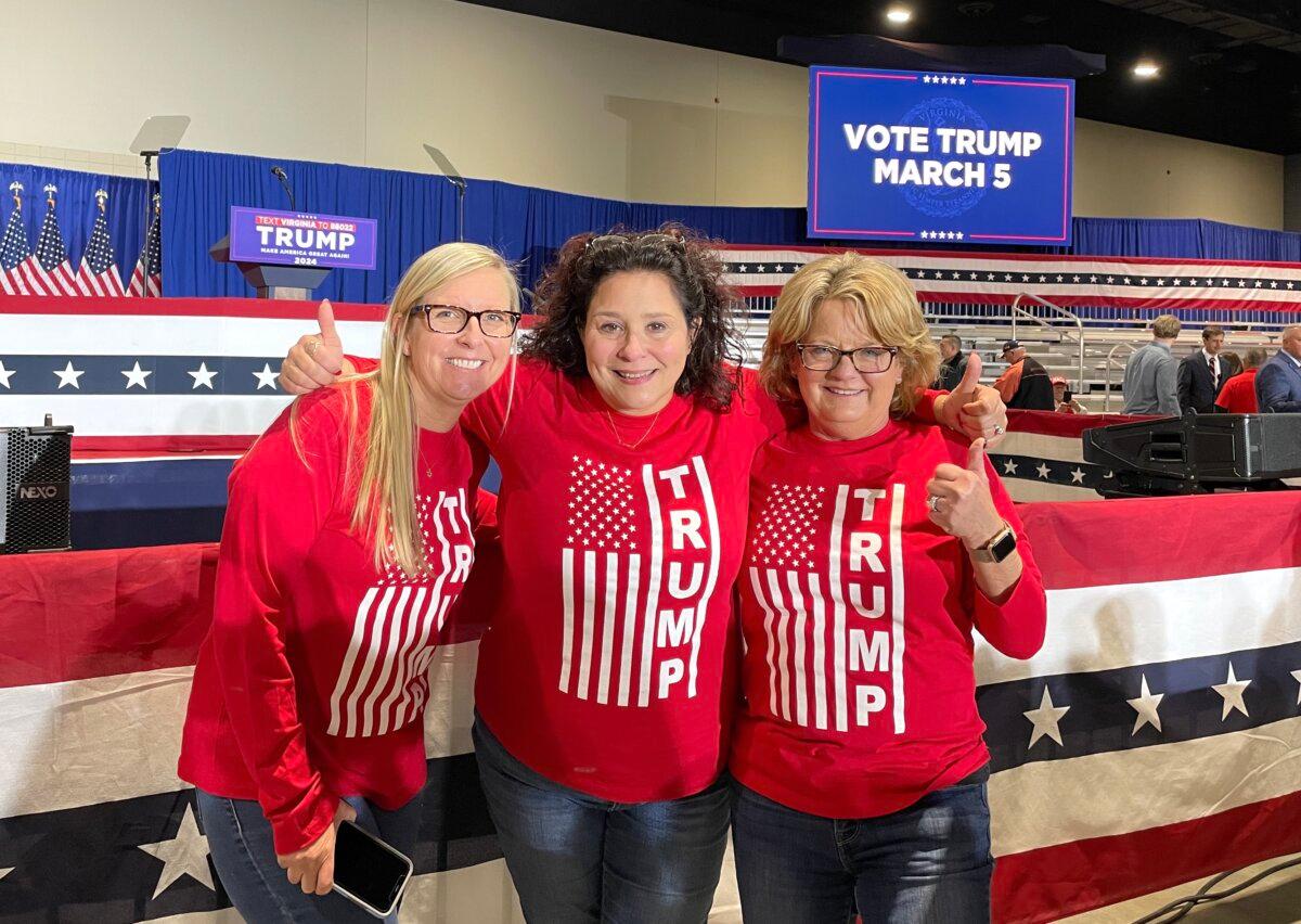 Georgie Porter (R), a 53-year-old Hanover County resident, with friends at a Trump rally at the Greater Richmond Convention Center in Richmond, Va., on March 2, 2024. (Terri Wu/The Epoch Times)