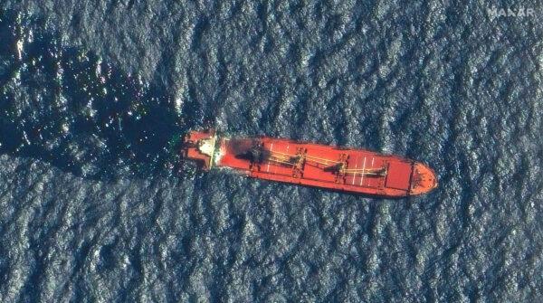 Belize-flagged ship Rubymar in the Red Sea, on Friday, March 1, 2024. (Maxar Technologies via AP)