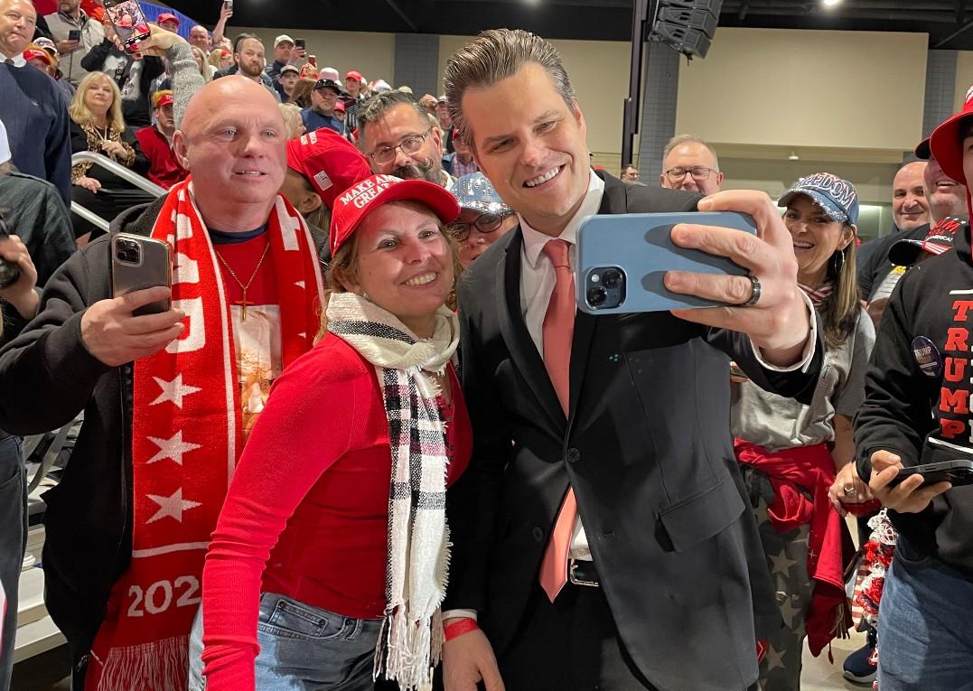 Rep. Matt Gaetz (R-Fla.) takes a selfie with Trump supporters at a rally in Richmond, Va. on March 2, 2024. (Terri Wu/The Epoch Times)