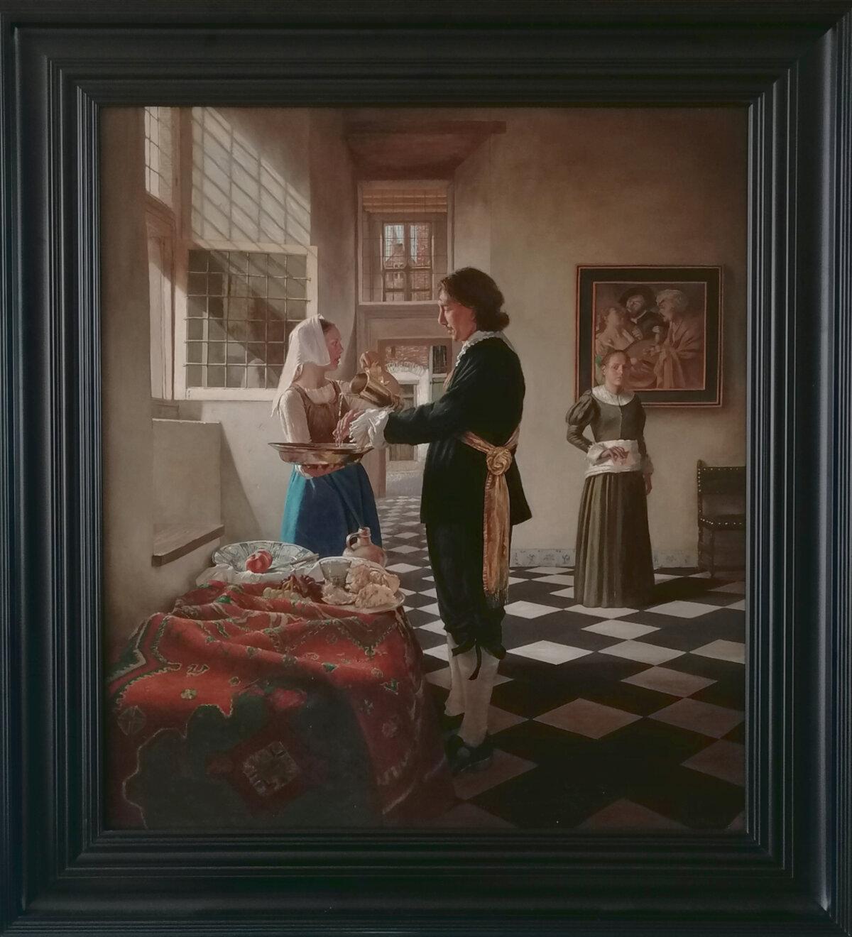 Last year, Nard Kwast appeared in “The New Vermeer,” a Dutch television show in which artists were challenged to create Johannes Vermeer’s lost works, known only by short descriptions. In the first episode, his painting “The Seigneur Washing His Hands” won and went on display in the Mauritshuis in The Hague. Oil on canvas; 29 1/2 inches by 25 5/8 inches. (Courtesy of Nard Kwast)