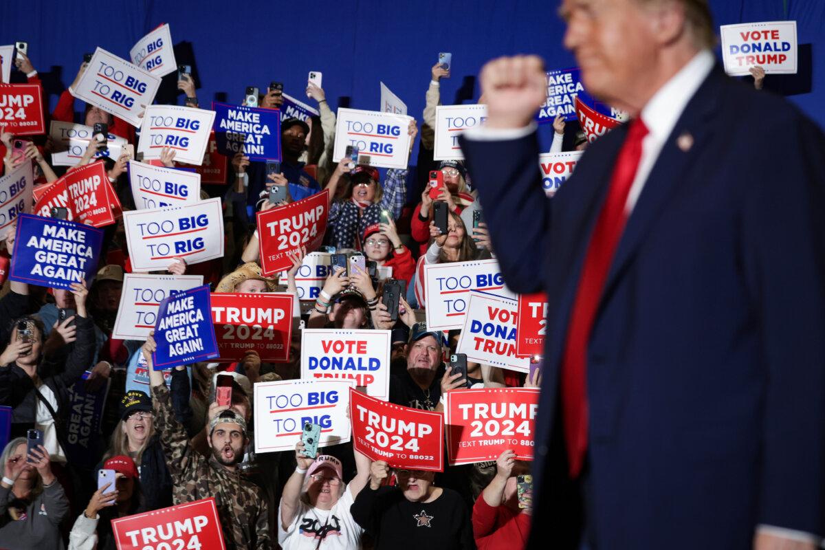 President Donald Trump takes the stage during a campaign event at Greensboro Coliseum in Greensboro, N.C., on March 2, 2024. (Alex Wong/Getty Images)