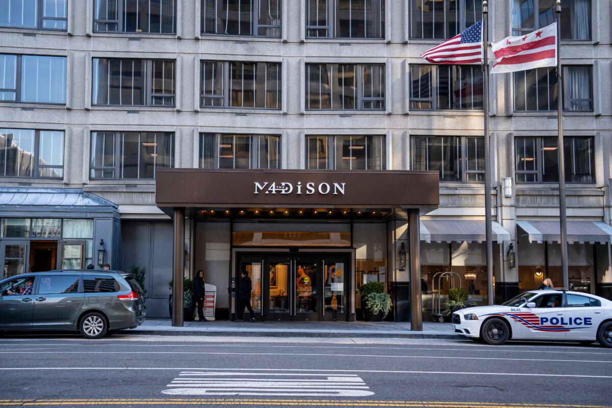 The 2024 District of Columbia Republican presidential primary is held at the Madison Hotel in Washington on March 1–3, 2024. The hotel entrance is seen on March 3, 2024. (Madalina Vasiliu/The Epoch Times)