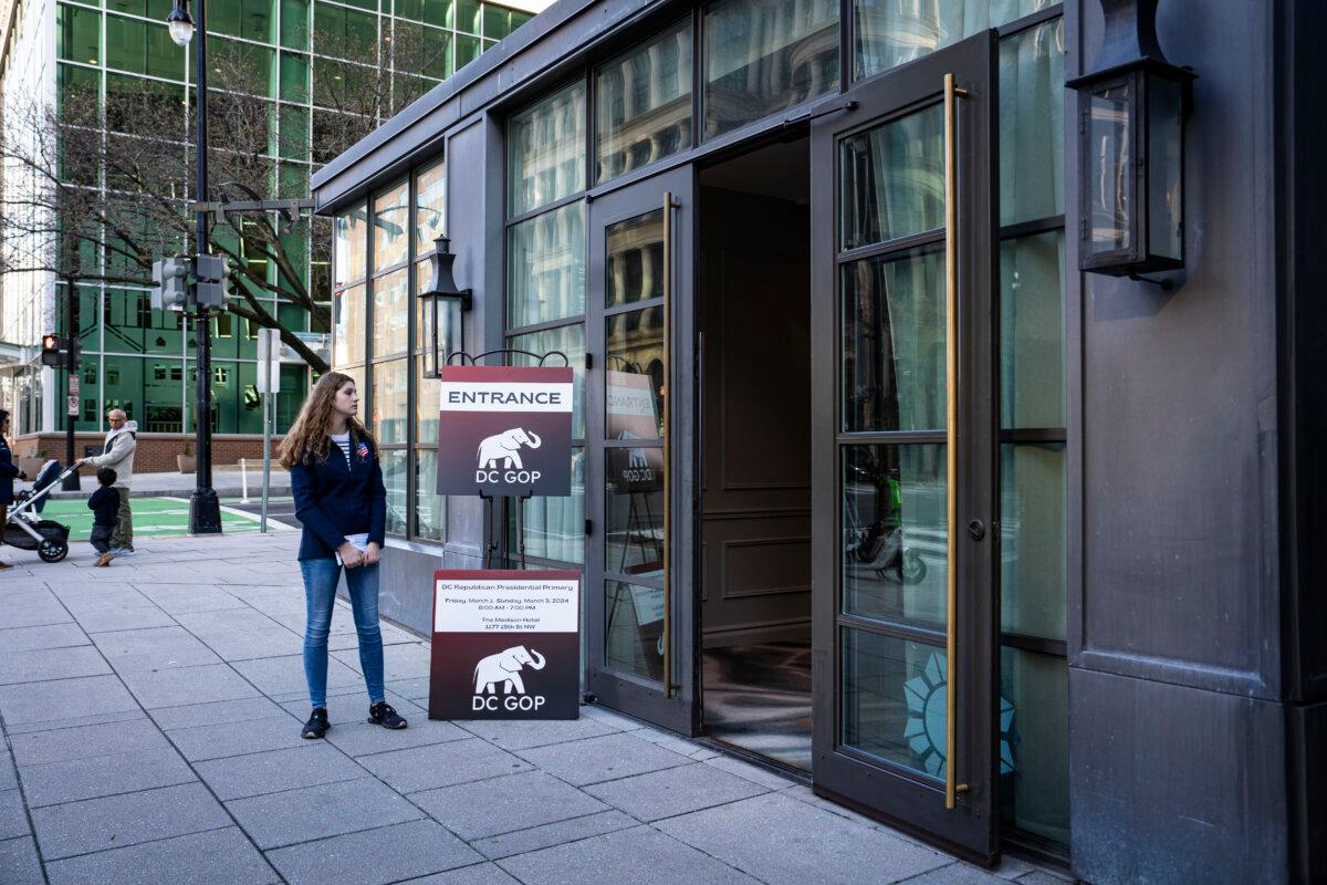 The entrance of the 2024 District of Columbia Republican presidential primary at the Madison Hotel in Washington on March 3, 2024. (Madalina Vasiliu/The Epoch Times)