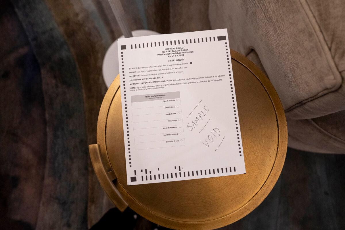 Sample official ballot for the District of Columbia Republican presidential primary at the Madison Hotel in Washington on March 3, 2024. (Madalina Vasiliu/The Epoch Times)