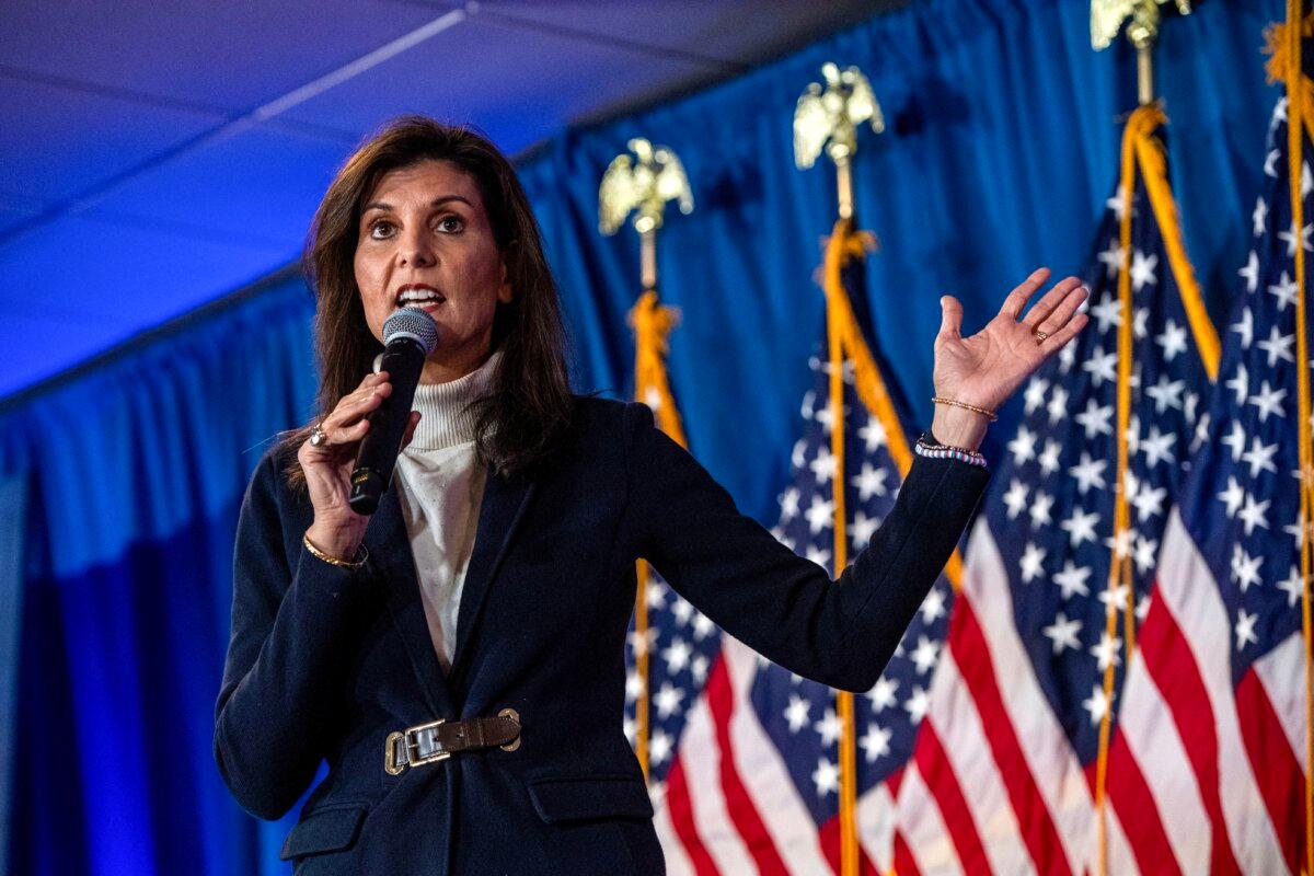 Republican presidential hopeful and former U.S. Ambassador to the U.N. Nikki Haley speaks during a campaign rally in Portland, Maine, on March 3, 2024. (Joseph Prezioso/AFP via Getty Images)