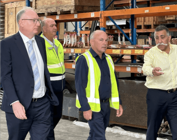 (L–R) Libertarian MP David Limbrick, Ian Cubitt of GM Catten Industries, Simon Whitely of GM Corex, and Peter Angelico of GM ABECK Engineering, walk through Hilton Manufacturing in Dandenong in Melbourne, Australia on Feb. 29, 2023. (Supplied)