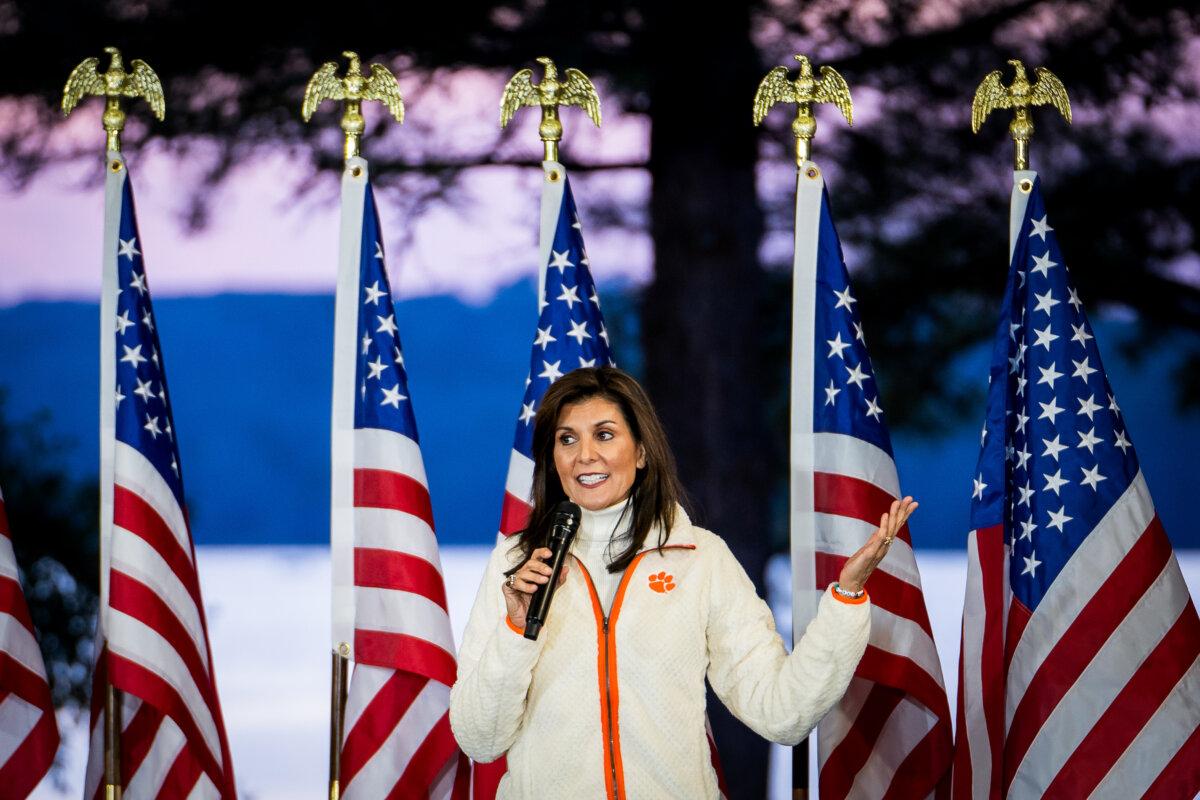 Republican presidential candidate and former U.N. Ambassador Nikki Haley speaks during a campaign event at Clemson University in Clemson, S.C., on Feb. 20, 2024. (Madalina Vasiliu/The Epoch Times)