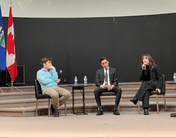 A three-member panel, focused on global religious persecution, was held in Edmonton on March 2, 2024. The panelists featured Conservative MP Garnett Genuis (L), Pakistani-Canadian rights advocate David Bhatti, and Hong Kong Watch policy adviser Katherine Leung. (Ping Shan/The Epoch Times)