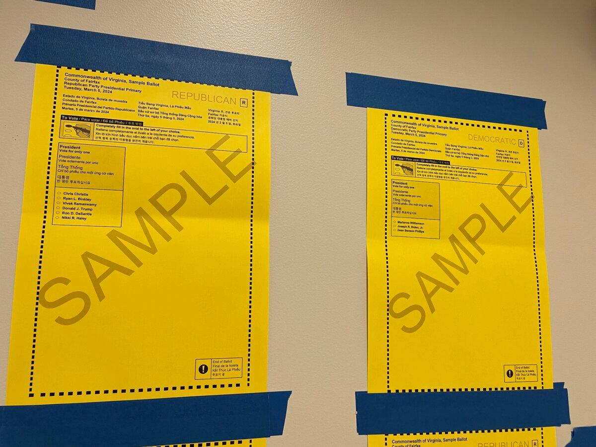 Sample ballots shown on the wall at a poling station in Vienna, Va., on March 5, 2024. (Terri Wu/The Epoch Times)