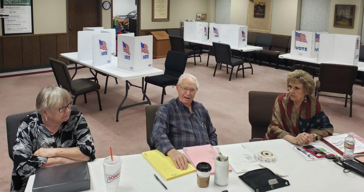 Durant, Oklahoma poll workers Peggy Sinor (L), Glenn Trapp (C), and Pat Metheny (R), expect a slow day at the polling site in First Baptist Church, Durant. (Michael Clements/The Epoch Times)