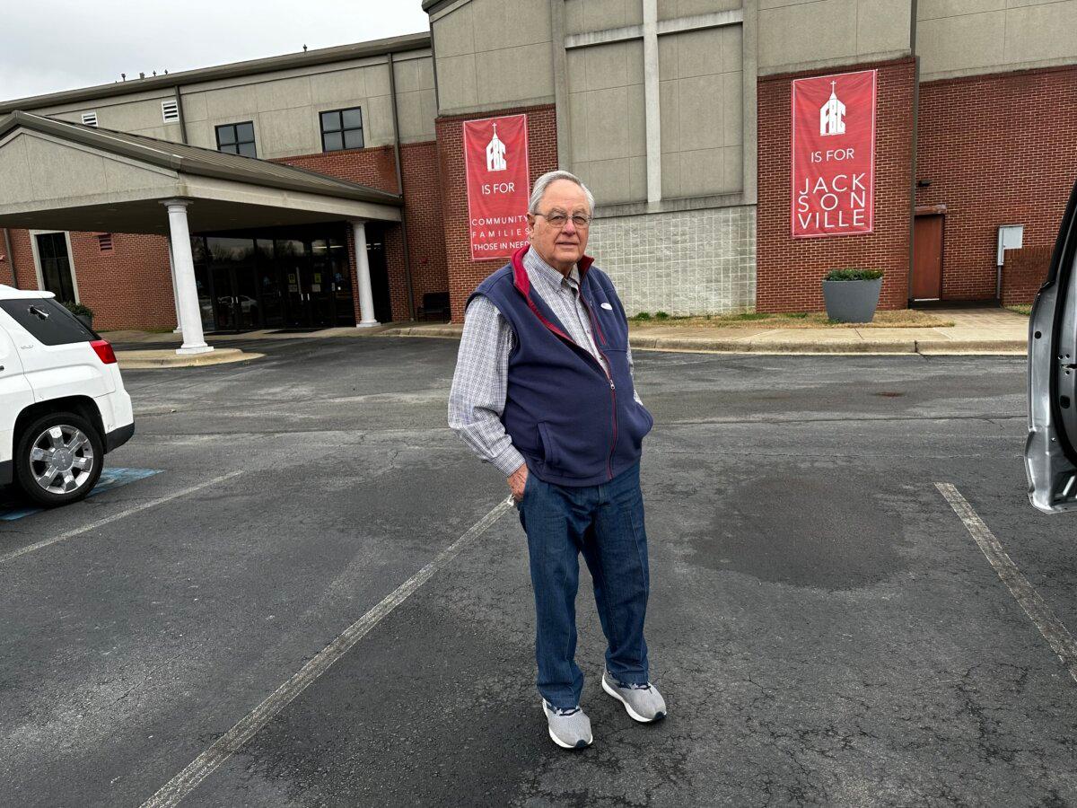 Larry K. Crafton, a local resident, outside his polling location at First Baptist Church in Jacksonville, Ark., on March 5, 2024 (Savannah Pointer/Epoch Times)