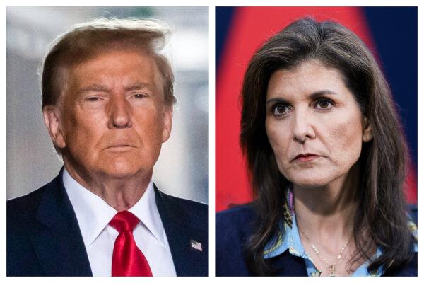 (Left) Former US President Donald Trump in New York City, on Feb. 15, 2024. (Right) Former U.N. Ambassador Nikki Haley at Irmo Town Park in Irmo, S.C., on Feb. 17, 2024. (Win McNamee/Getty Images; Yuki Iwamura/AFP via Getty Images)