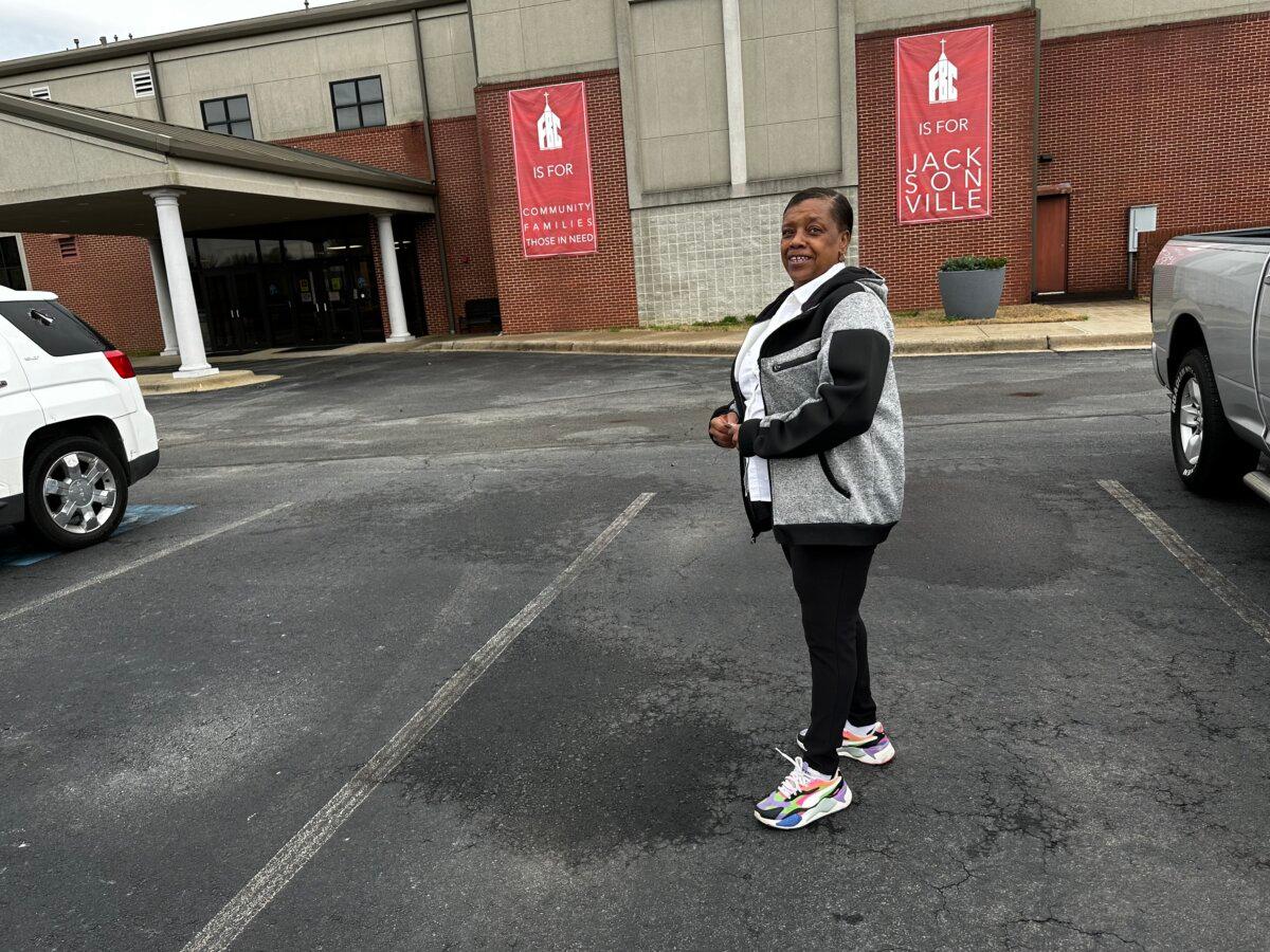 Nedra French, a local resident, outside her polling location at First Baptist Church in Jacksonville, Ark., on March 5, 2024 (Savannah Pointer/Epoch Times)