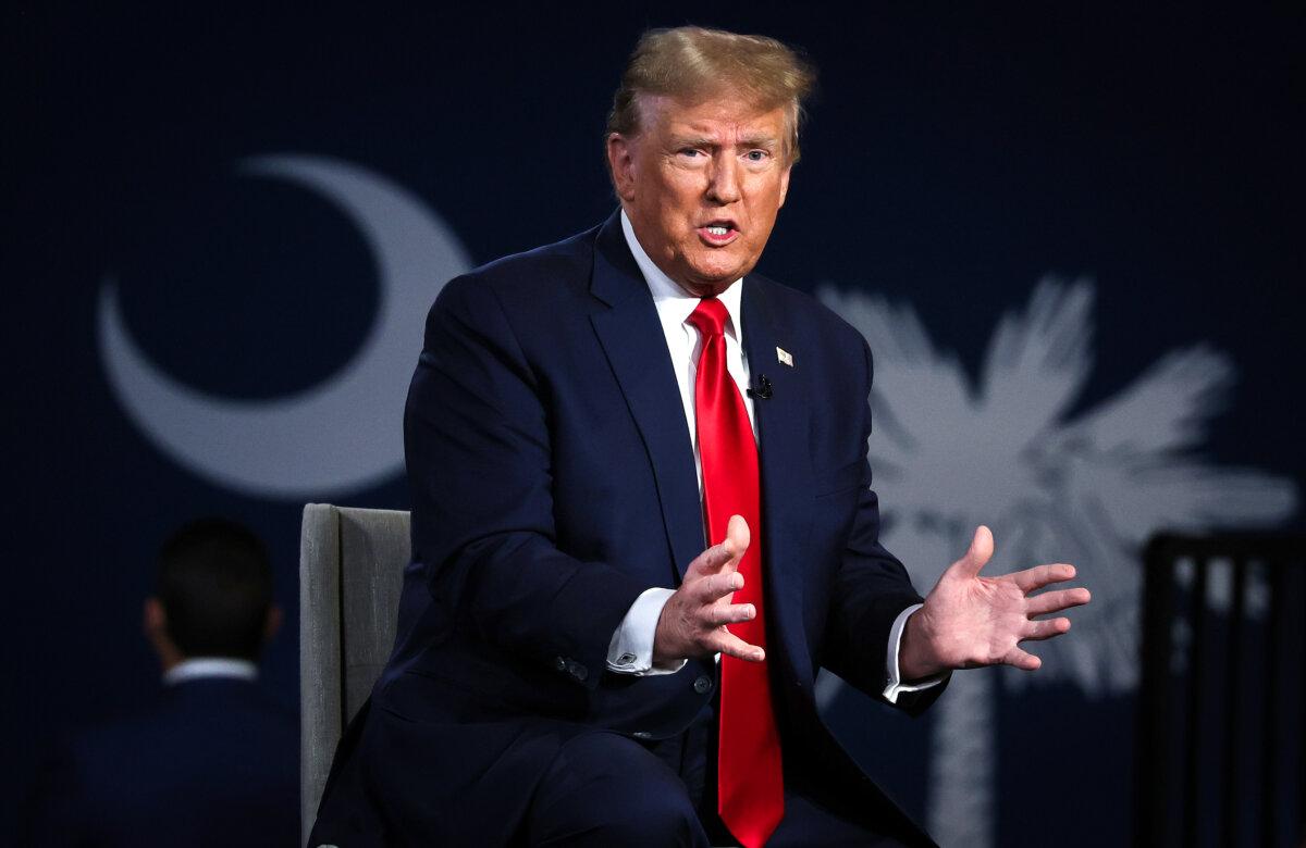 Donald Trump speaks during a Fox News town hall at the Greenville Convention Center in Greenville, S. C., on Feb. 20, 2024. (Sullivan/Getty Images)