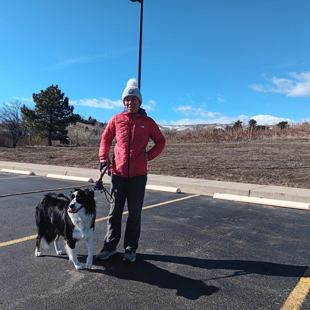 Shea VanKeuren with her dog, Saba, after voting at a polling place at Red Rocks Community College in Jefferson County, Colorado on Super Tuesday, March 5, 2024. (Nathan Worcester/The Epoch Times)