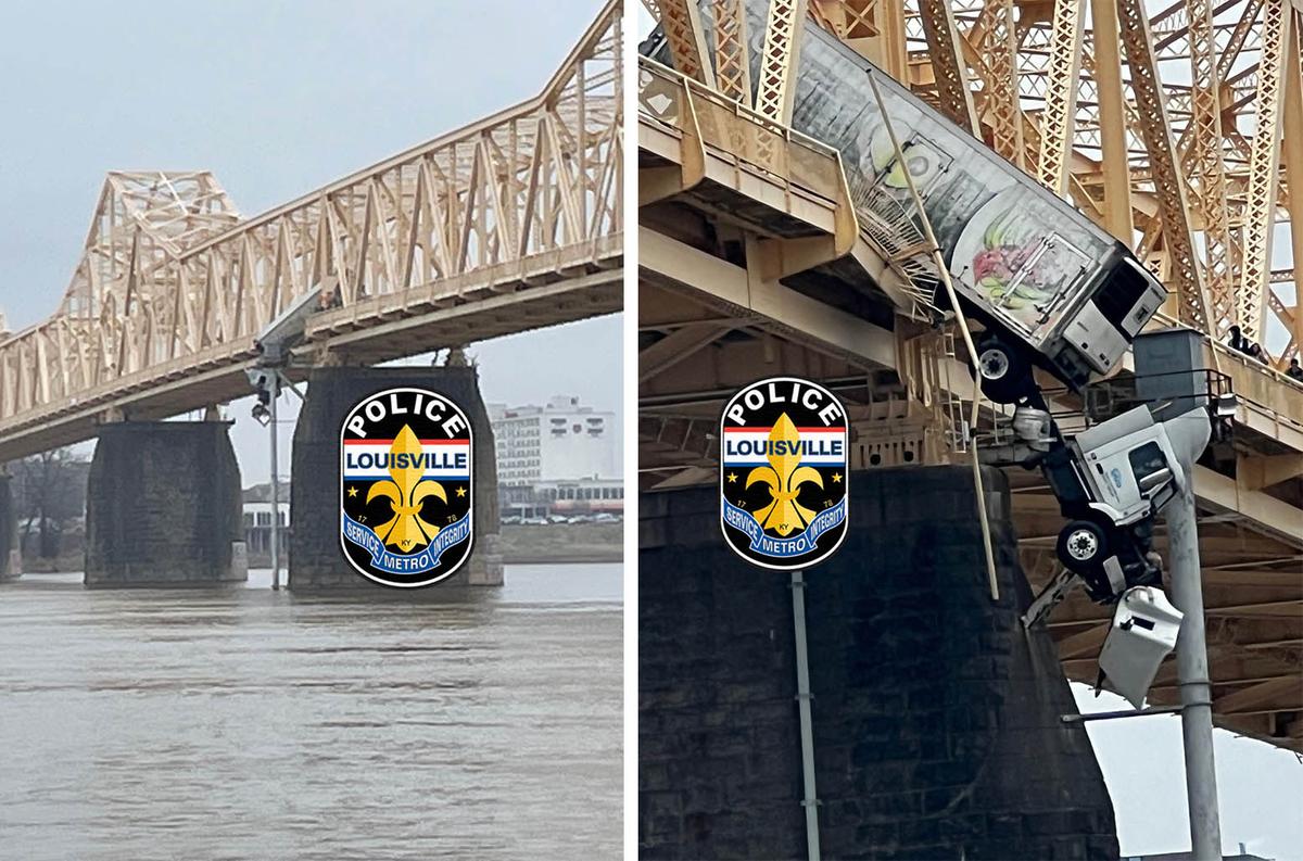 A semi-truck dangling from Clark Memorial Bridge in Louisville, Kentucky. (Courtesy of Louisville Metro Police Department)