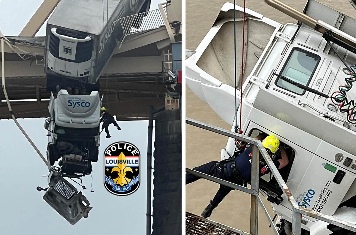 Bryce Carden rescues the truck driver. (Left: Courtesy of Louisville Metro Police Department; Right: Courtesy of Louisville Division of Fire)