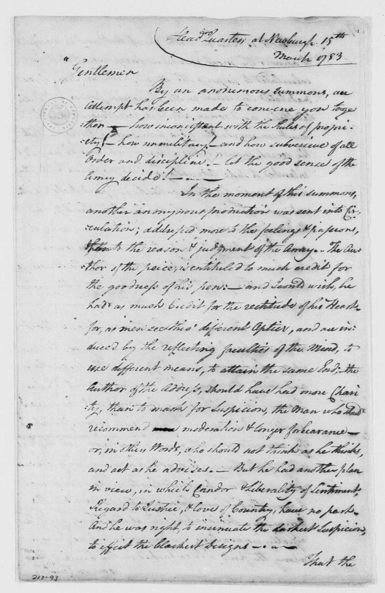 President George Washington's Newburgh Address, which he gave on March 15, 1783, in the effort to quell unrest and potential revolt amongst American soldiers who had yet to be paid. (Public Domain)